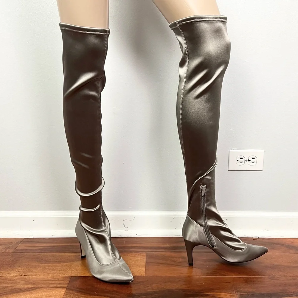FREE PEOPLE GRAY SATIN OVER-THE-KNEE BOOTS - Picture 2 of 9